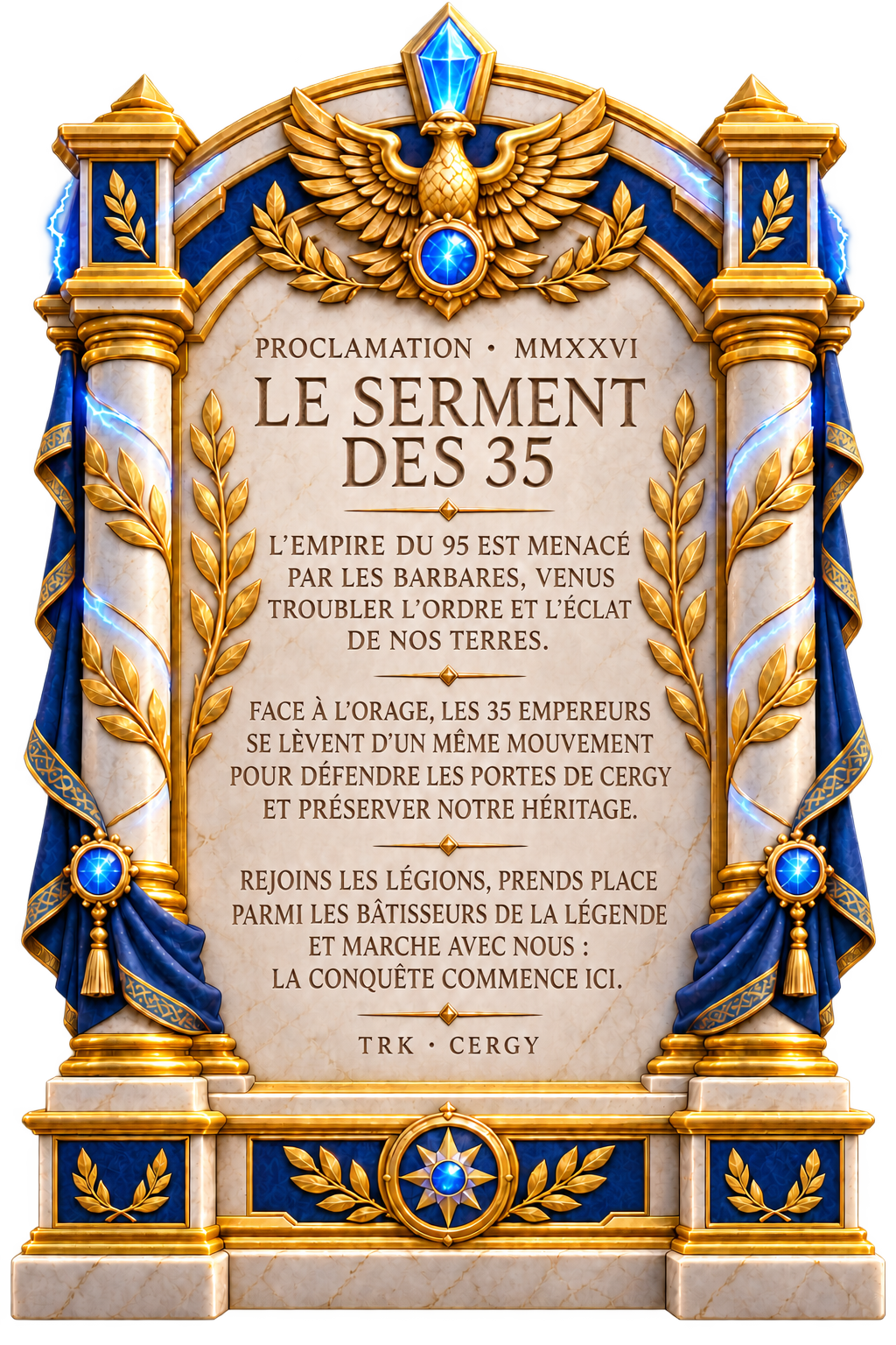 Stèle de pierre impériale ornée d’un aigle, de lauriers dorés et de drapés bleus